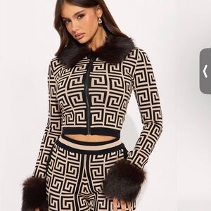 Fashion Nova Black and Tan Geometric Teddy Jacket